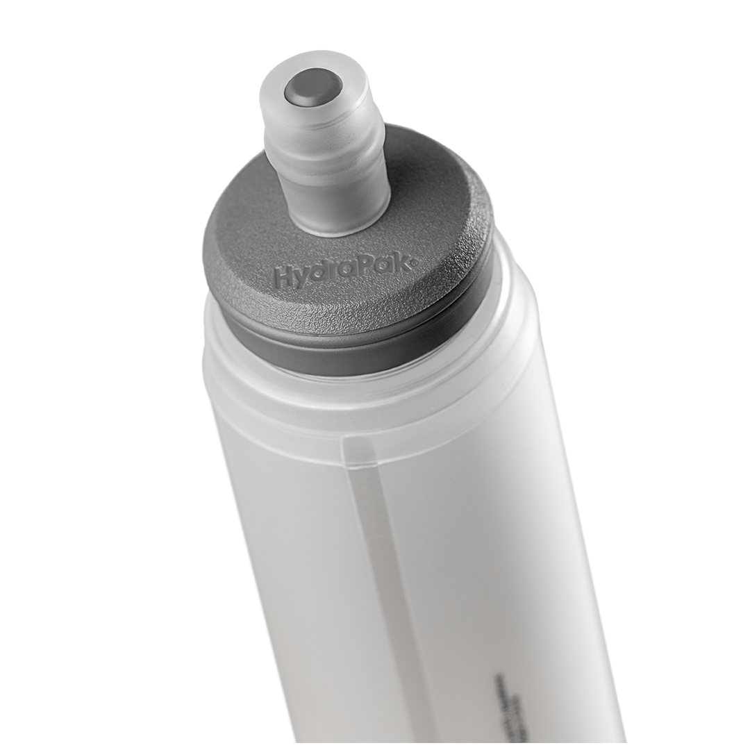 Close-up view of the HydraPak soft flask included with the Outdoor Vitals Skyline 30 Fastpack, showing the bite valve nozzle and textured twist cap.