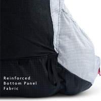 Close-up of backpack reinforced bottom panel fabric for abrasion resistance.