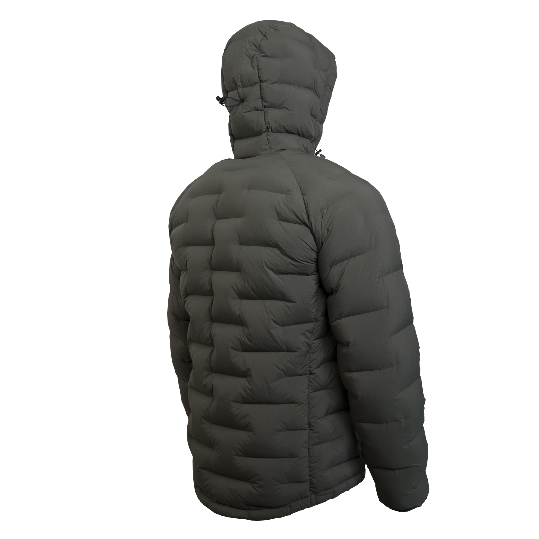 Outdoor Vitals Vantage Alpine Down Jacket – right angled side view with hood and technical alpine design