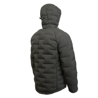 Outdoor Vitals Vantage Alpine Down Jacket – right angled side view with hood and technical alpine design