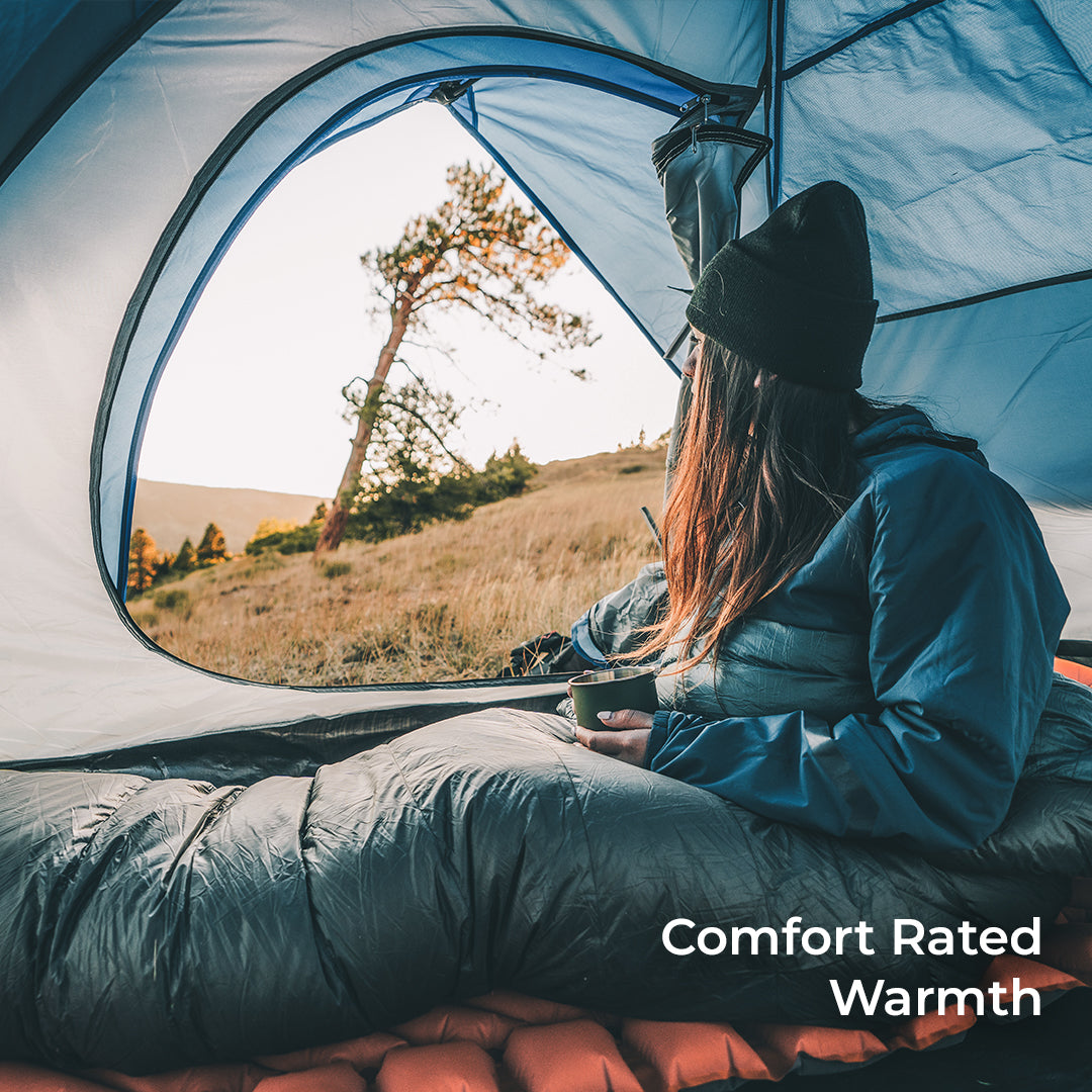 hiker sits inside red 30 degree quilt in tent looking out the door. Callout text says, "Comfort Rated Warmth."