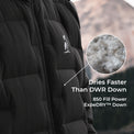 close view of black puffy down jacket baffles with a popout view of 850 fill power ExpeDRY down insulation