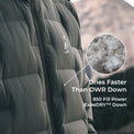 close view of puffy down jacket baffles with a popout view of 850 fill power ExpeDRY down insulation