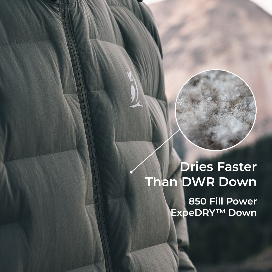 close view of puffy down jacket baffles with a popout view of 850 fill power ExpeDRY down insulation