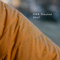 Close-up of jacket shell fabric with water beading on the surface, demonstrating durable water-resistant (DWR) treatment.