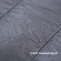 close view of water beading on the quilt fabric. Text says, "DWR Treated Shell." all-groups