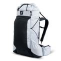 Angled front view of ultralight backpack highlighting front mesh pocket and compression system.