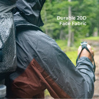 A close-up outdoor shot of a person wearing a waterproof jacket with water droplets on the fabric, with a blurred forest background and the text 'Durable 20D Face Fabric' overlaid on the right.