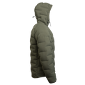 Outdoor Vitals Vantage Alpine Down Jacket – left side profile view with hood, ultralight zero stitch down jacket