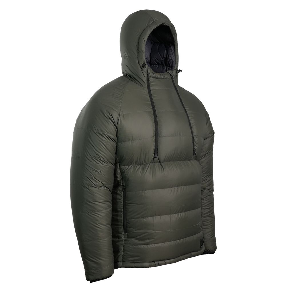 A gray puffer jacket shown on a white background, styled as if worn with the hood up.