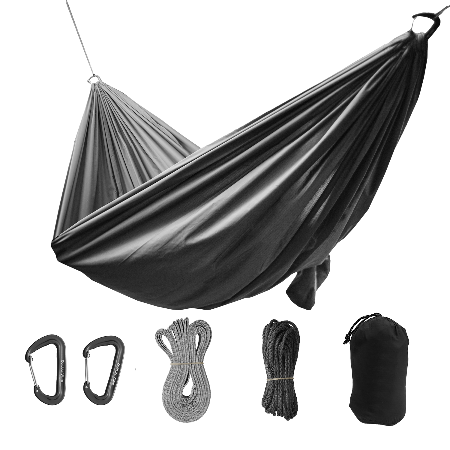 Outdoor Vitals Ultralight Complete Hammock System laid out showing the main hammock, suspension straps, ridgeline, carabiners, and stuff sack.