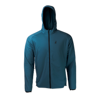 front view of men's full zip hooded jacket for backpacking