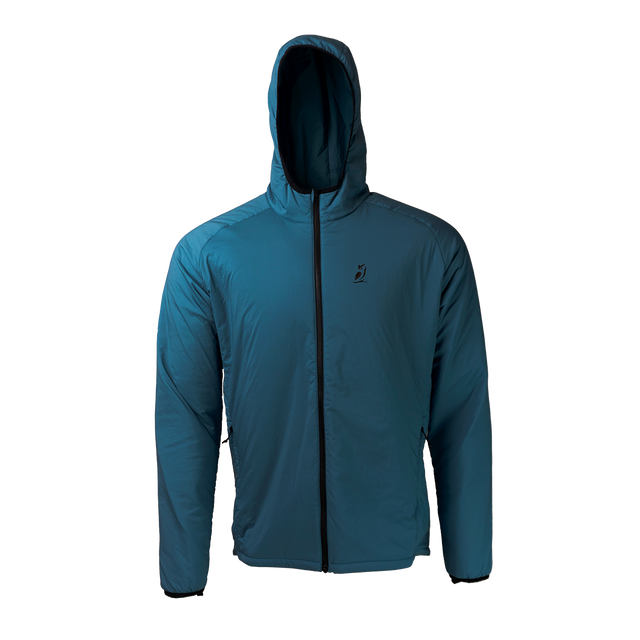 front view of men's full zip hooded jacket for backpacking