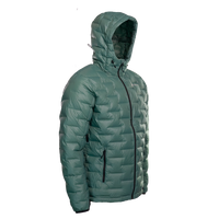 Angled front view of a Outdoor Vitals insulated hooded jacket, featuring quilted baffles and a full-length zipper.