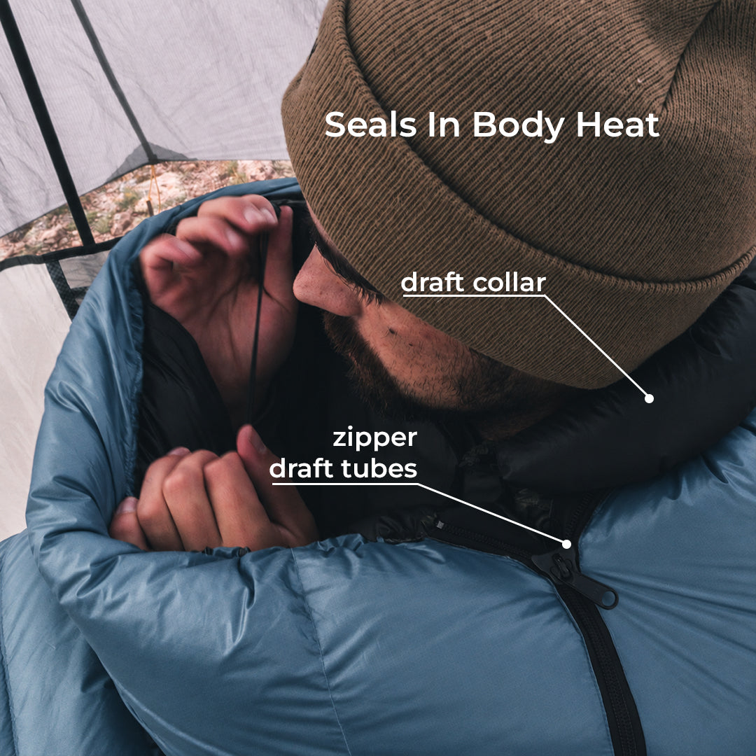 A close-up of a person adjusting a blue insulated sleeping bag inside a tent, with overlaid labels pointing to the draft collar and zipper draft tubes, plus text reading 'Seals In Body Heat'.