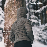 A person viewed from behind wearing a quilted puffer jacket in a snowy outdoor setting, with text callouts reading 'Seals In Heat', 'fitted hood', and 'adjustable hem'.