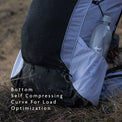 Close-up of backpack bottom showing self-compressing curved base designed to optimize load stability.