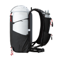 Side profile view of the Outdoor Vitals Skyline 30 Fastpack showing the vest-style harness loaded with a soft flask, side compression cords, mesh side pocket, and roll-top main compartment.