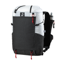 Front side view of the Outdoor Vitals Skyline 30 Fastpack highlighting the expandable front stretch-mesh pocket, side mesh pocket, top roll-closure straps, and running vest harness equipped with a water flask pocket.