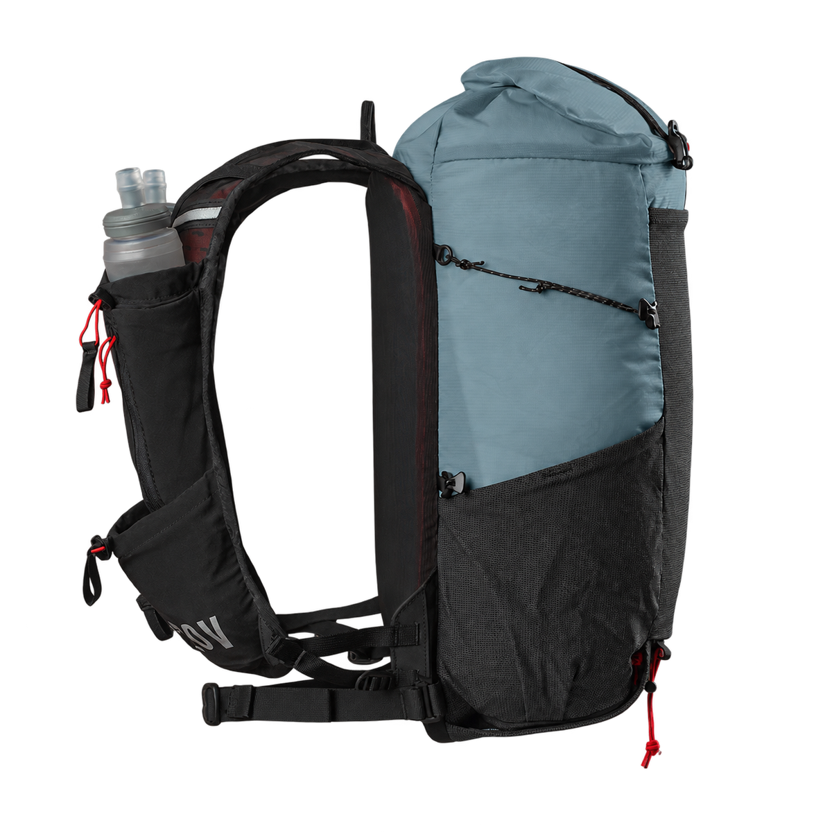 A technical hiking backpack shown from the side on a white background, featuring a light blue top roll-top compartment, black and dark gray body panels, a side water bottle pocket with a bottle inserted, and red drawcord accents.