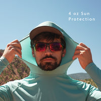 Turquoise - man showing stretch of ultralight hood