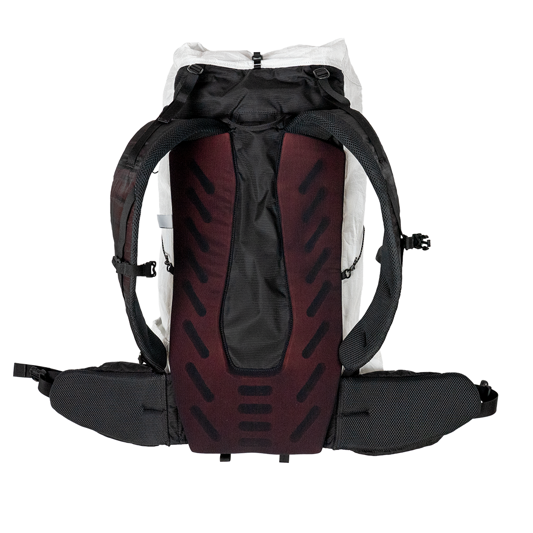Back panel studio view of the Outdoor Vitals CS40 Ultra Backpack displaying padded shoulder straps, ventilated back padding, and an ergonomic hip belt.