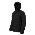 A black hooded puffer jacket shown from a three-quarters angle against a plain white background.