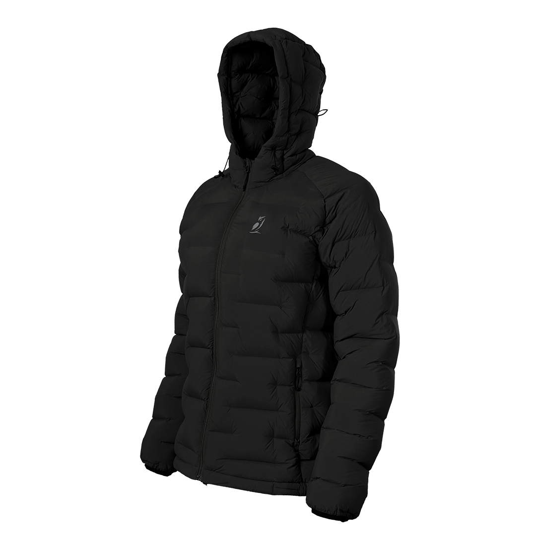 A black hooded puffer jacket shown from a three-quarters angle against a plain white background.