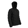 A black hooded puffer jacket shown on a plain white background, photographed from a three-quarter angle.