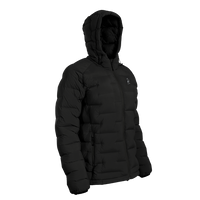 A black hooded puffer jacket shown on a plain white background, photographed from a three-quarter angle.