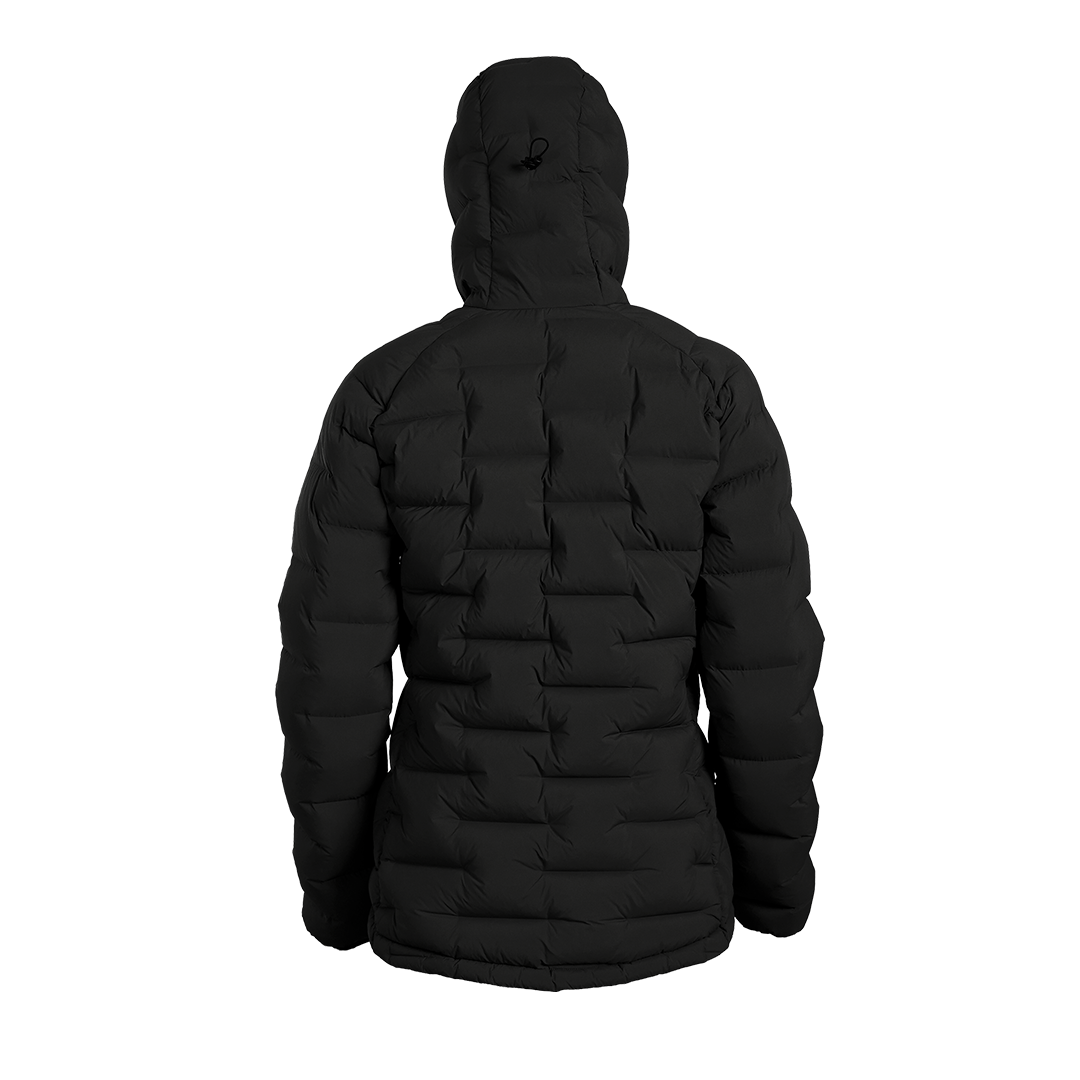 A black hooded puffer jacket shown from the back, photographed on a clean white background.