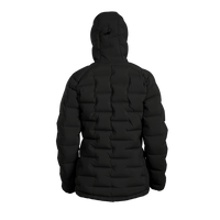 A black hooded puffer jacket shown from the back, photographed on a clean white background.