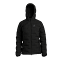 A black hooded puffer jacket with horizontal quilting, a full front zipper, and a small white logo on the left chest, displayed on a solid white background.