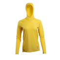 Yellow Ultralight synthetic women's hoodie with a hood, displaying true flat-lock seams and a minimal clean collar.