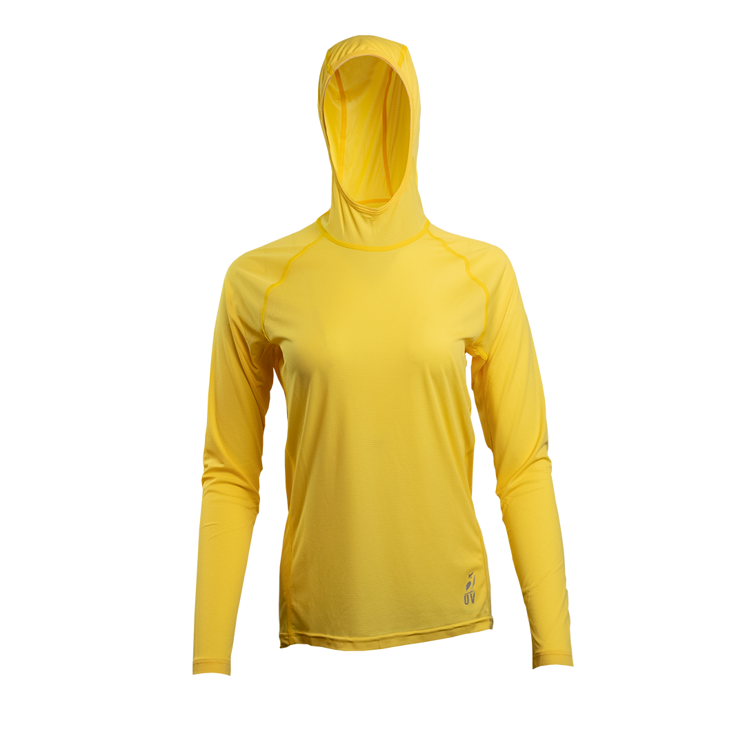 Yellow Ultralight synthetic women's hoodie with a hood, displaying true flat-lock seams and a minimal clean collar.