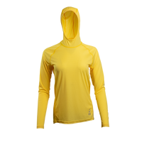 Yellow Ultralight synthetic women's hoodie with a hood, displaying true flat-lock seams and a minimal clean collar.