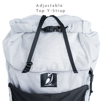 Top view of backpack showing adjustable Y-strap used to secure bulky gear.