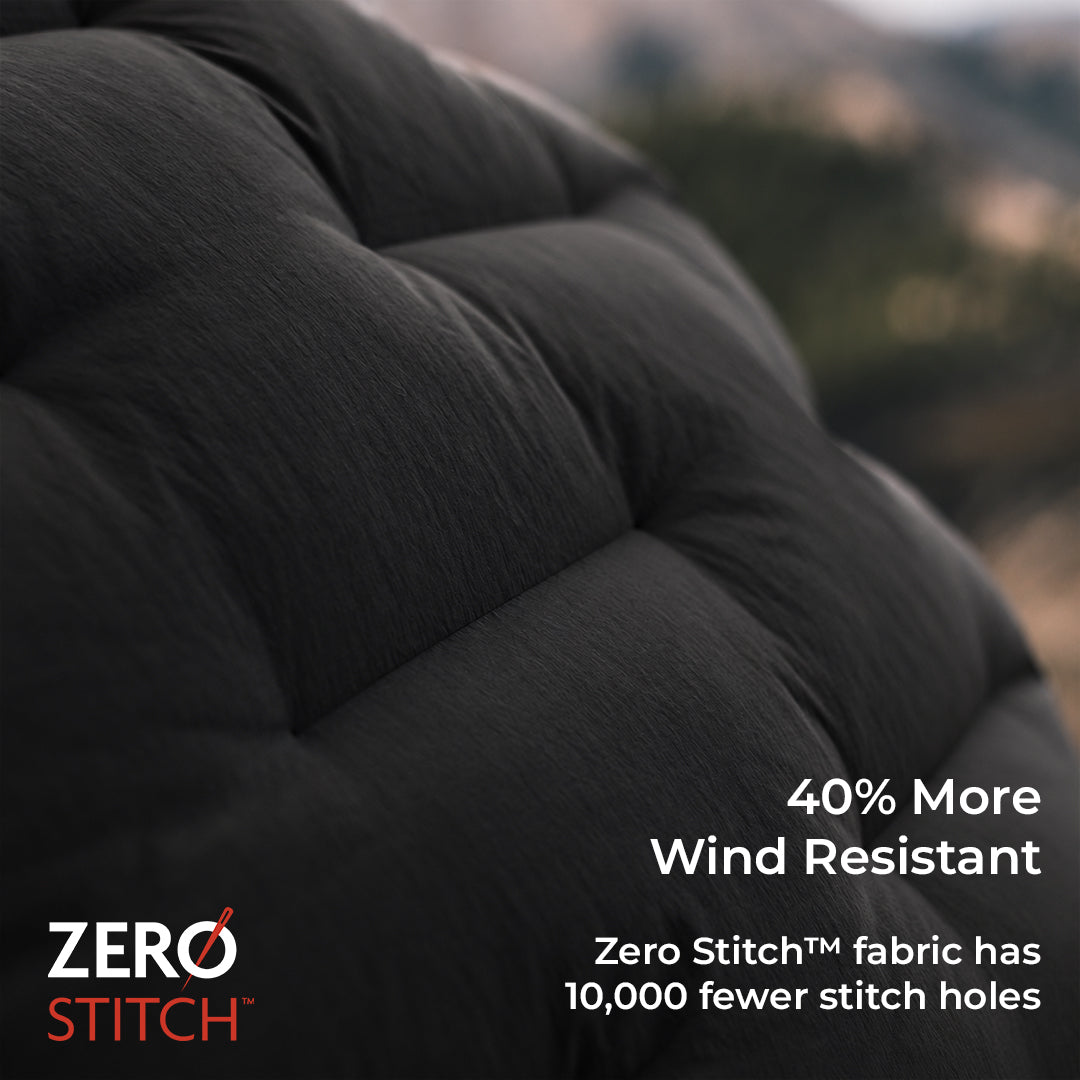close view of stitchless fabric on warm puffy jacket for alpine conditions. Text callouts state "40% More Wind Resistant".