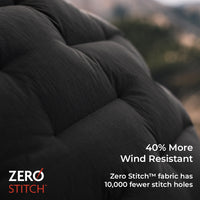 close view of stitchless fabric on warm puffy jacket for alpine conditions. Text callouts state "40% More Wind Resistant".
