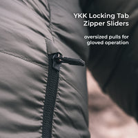 Close-up of a dark gray puffer jacket zipper with a black YKK locking tab slider, featuring white text overlay that reads 'YKK Locking Tab Zipper Sliders' and 'oversized pulls for gloved operation'.