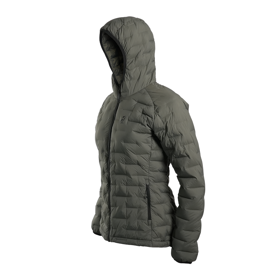 Outdoor Vitals Women’s Zulu Down Jacket – 45-degree left angle highlighting baffled construction and ultralight design.