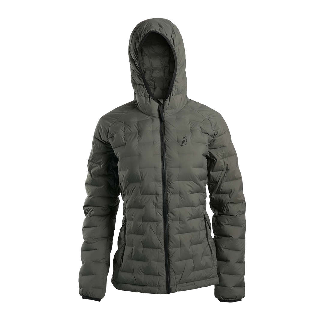 Outdoor Vitals Women’s Zulu Down Jacket – front view with hood up, showcasing minimalist design and premium down loft.