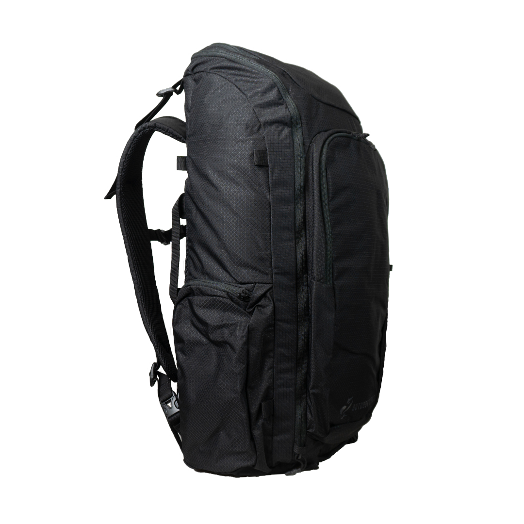 Side profile view of the Outdoor Vitals KotaUL Ultralight Travel & Adventure Backpack, showcasing the deep water bottle side pocket, zippered front access panel, and contoured shoulder strap system.