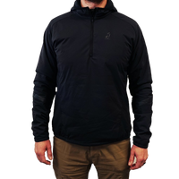Close-up of a men's black lightweight half-zip hooded outdoor jacket.