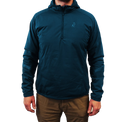 Close-up of a men's black lightweight half-zip hooded outdoor jacket.