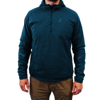 Close-up of a men's black lightweight half-zip hooded outdoor jacket.