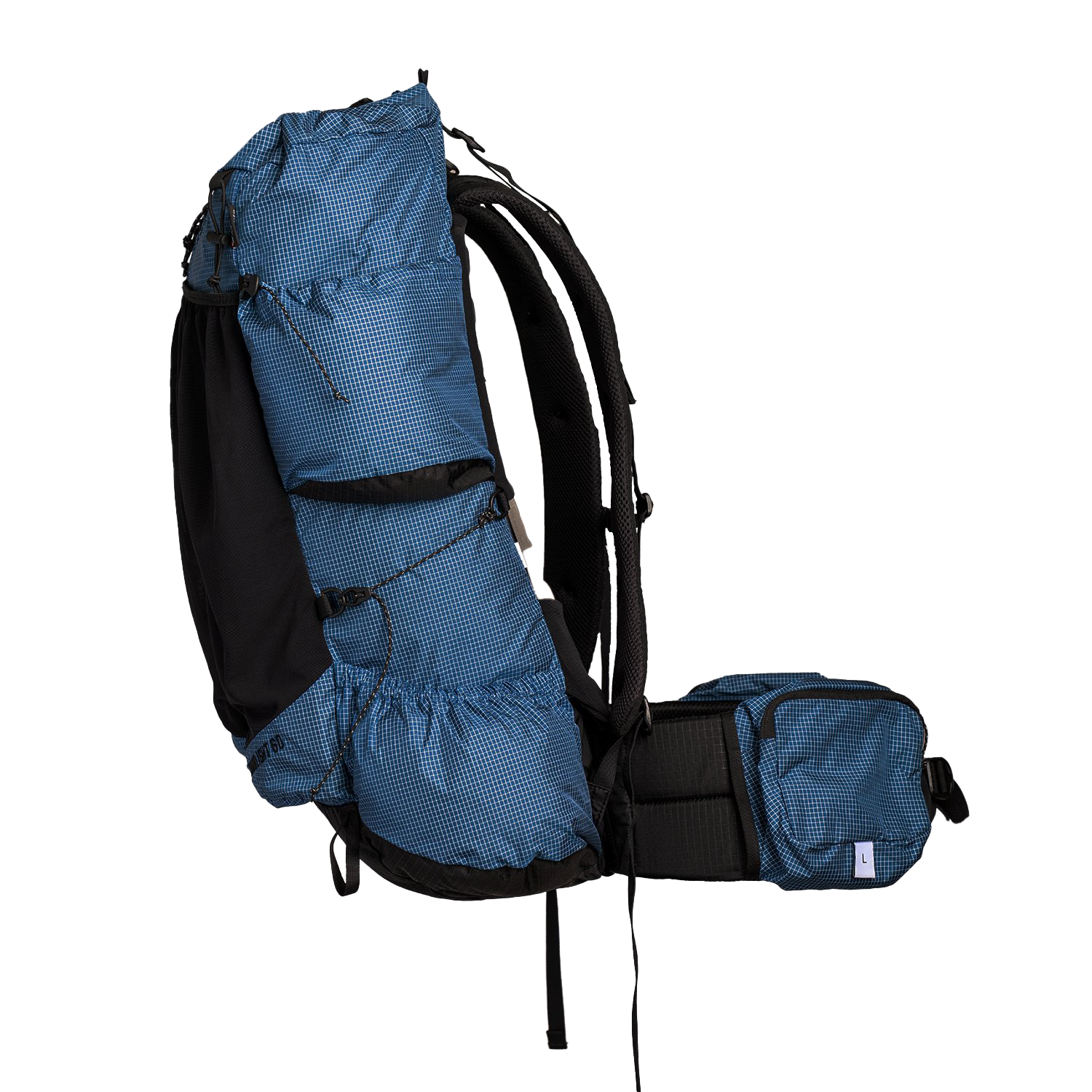 Side view of the Shadowlight Ultralight Backpack with a focus on side pockets & hip belt