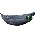 Outdoor Vitals StormLoft Down UnderQuilt suspended beneath a camping hammock, showing its contoured shape and longitudinal insulation baffles.