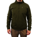 Close-up of a men's black lightweight half-zip hooded outdoor jacket.