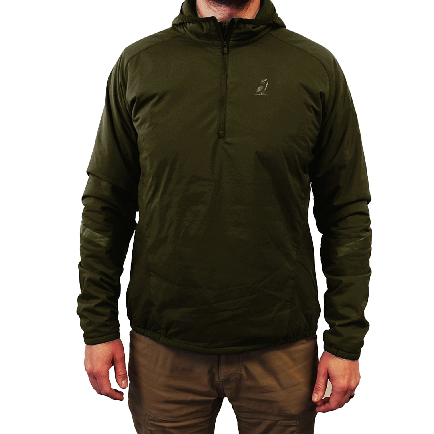 Close-up of a men's black lightweight half-zip hooded outdoor jacket.